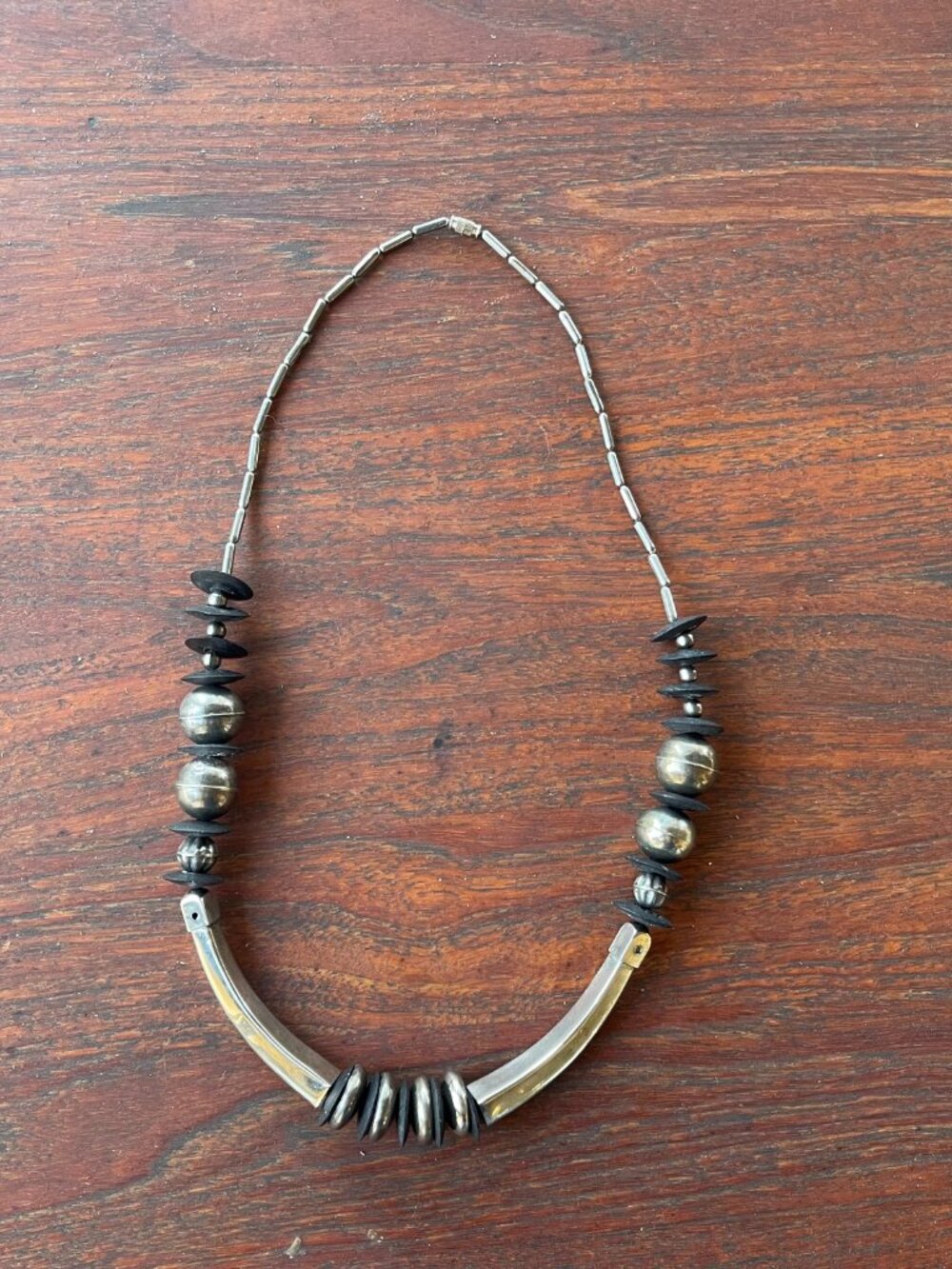 Antique African Tuareg Berber Tribal Ebony Wood Disc Silver Beaded Necklace - Picture 5 of 7